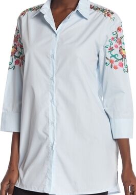 Vertigo Embroidered 3/4 Sleeve Tunic Shirt Aqua